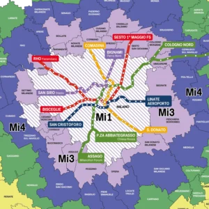 Öffentliche Verkehrszonen Mailand Mi1–Mi3 Karte der Mailänder ATM-Verkehrszonen Mi1 und Mi3